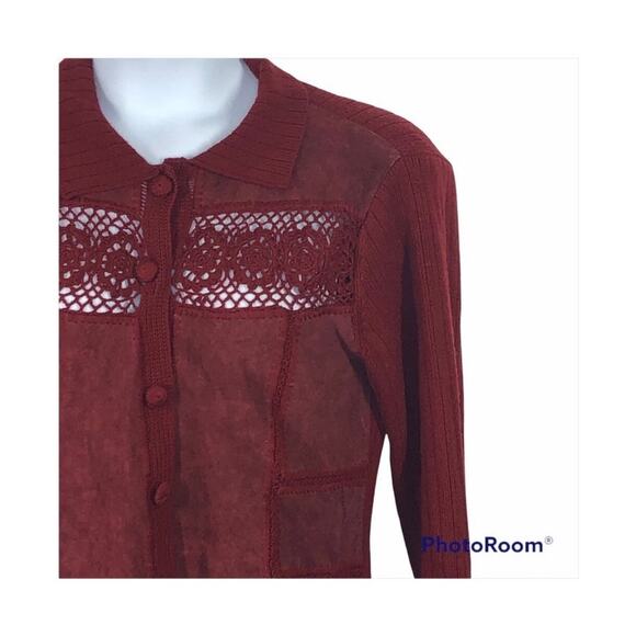 J. Jill Rustic Red Crochet Wool & Suede Patchwork Long Cardigan Sweater Jacket - Picture 9 of 16